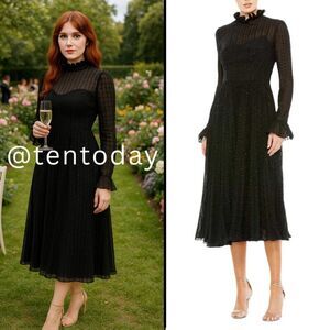 Mac Duggal 49627 Size 4 Black High Neck Long Sleeve‎ Ruffle Midi Tea Dress